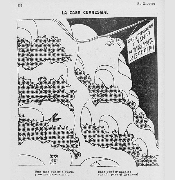 Brunet, Llorenç. "Gran exposición y venta de tripas de bacalao". El Diluvio, Barcelona, 25 de febrero de 1911.