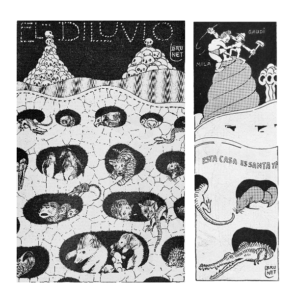 Brunet, Llorenç.  "Modelo de arquitectura medieval, entre nido y sepultura, que no me parece mal". El Diluvio, Barcelona, 5 de marzo de 1910