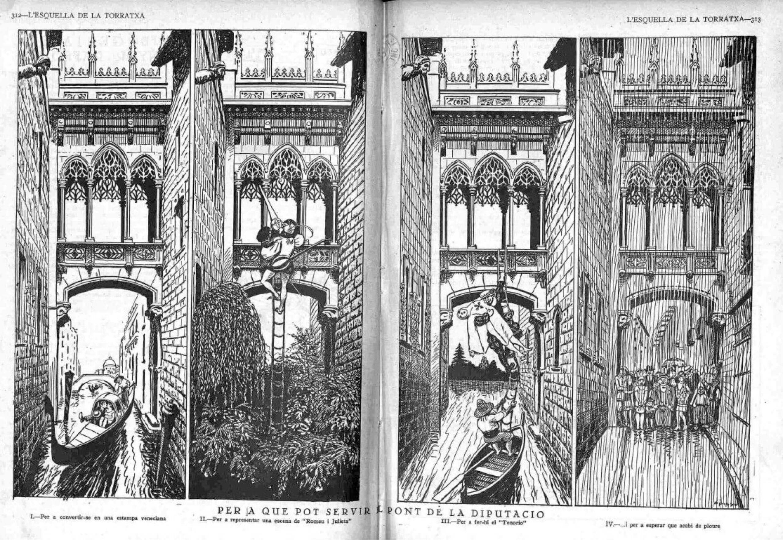 Ilustración satírica de 1928 en L’Esquella de la Torratxa que critica la construcción del Pont del Bisbe de Barcelona y su estética neogótica.