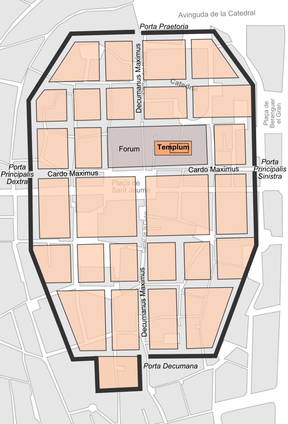 Mapa de Barcino, la Barcelona romana, superpuesto al trazado actual del barrio Gótico de Barcelona. El plano permite comparar la estructura de la colonia romana —con sus calles, murallas, foro y templo— con la trama urbana actual.