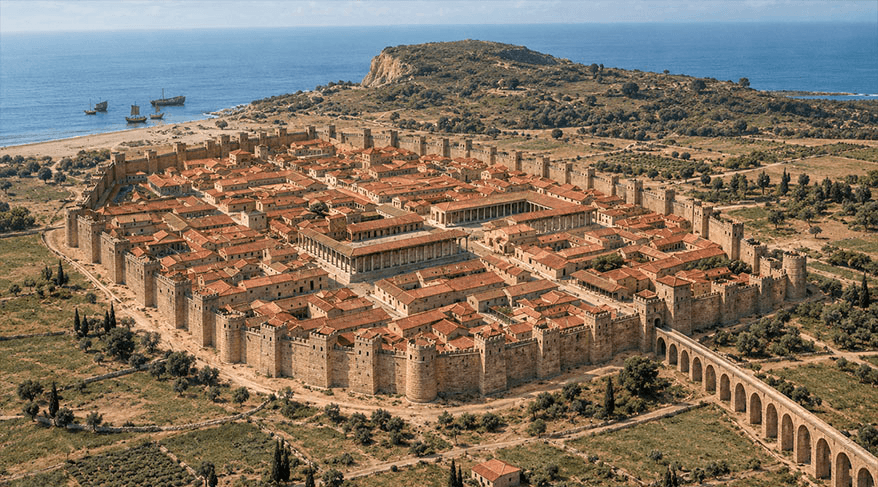 Recreación histórica de Barcino, la colonia romana fundada en el siglo I a. C. en el lugar donde hoy se encuentra Barcelona. La imagen muestra cómo pudo ser la ciudad romana, con sus calles, edificios y murallas en época romana.