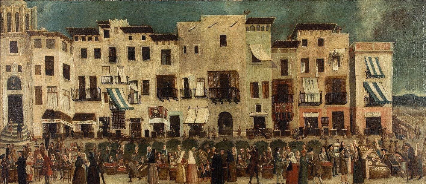 gente en el mercado del born y la ribera en barcelona siglo XVIII