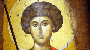 Icono bizantino del siglo XIV que representa a San Jorge, conservado en el Museo Bizantino de Atenas. La imagen muestra al santo como un guerrero a caballo en el estilo iconográfico típico del arte bizantino tardío.