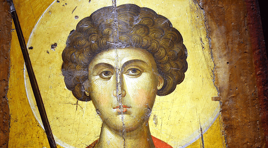 Icono bizantino del siglo XIV que representa a San Jorge, conservado en el Museo Bizantino de Atenas. La imagen muestra al santo como un guerrero a caballo en el estilo iconográfico típico del arte bizantino tardío.