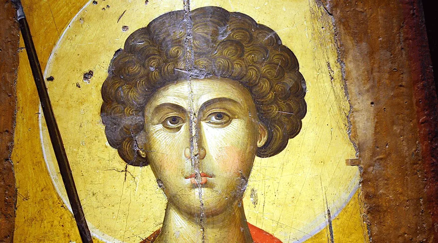 Icono bizantino del siglo XIV que representa a San Jorge, conservado en el Museo Bizantino de Atenas. La imagen muestra al santo como un guerrero a caballo en el estilo iconográfico típico del arte bizantino tardío.