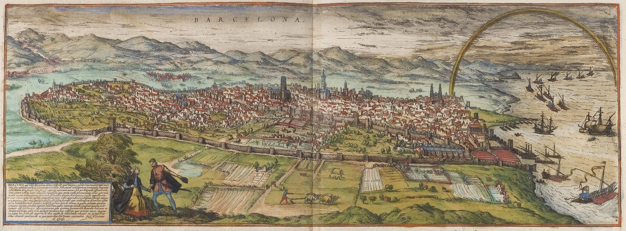 Vista panorámica de Barcelona hacia 1535, con las murallas, las Drassanes Reials y las galeras frente a la costa.