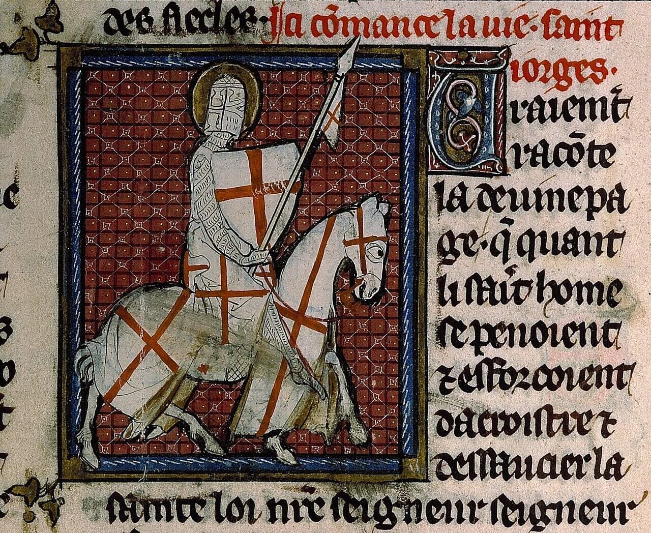 lustración medieval de San Jorge representado como caballero en un manuscrito iluminado de las Vies de Saints, folio 113 del manuscrito 588, datado entre 1290 y 1310. La escena muestra al santo en armadura, dentro de la tradición iconográfica medieval que lo asocia con la caballería cristiana.