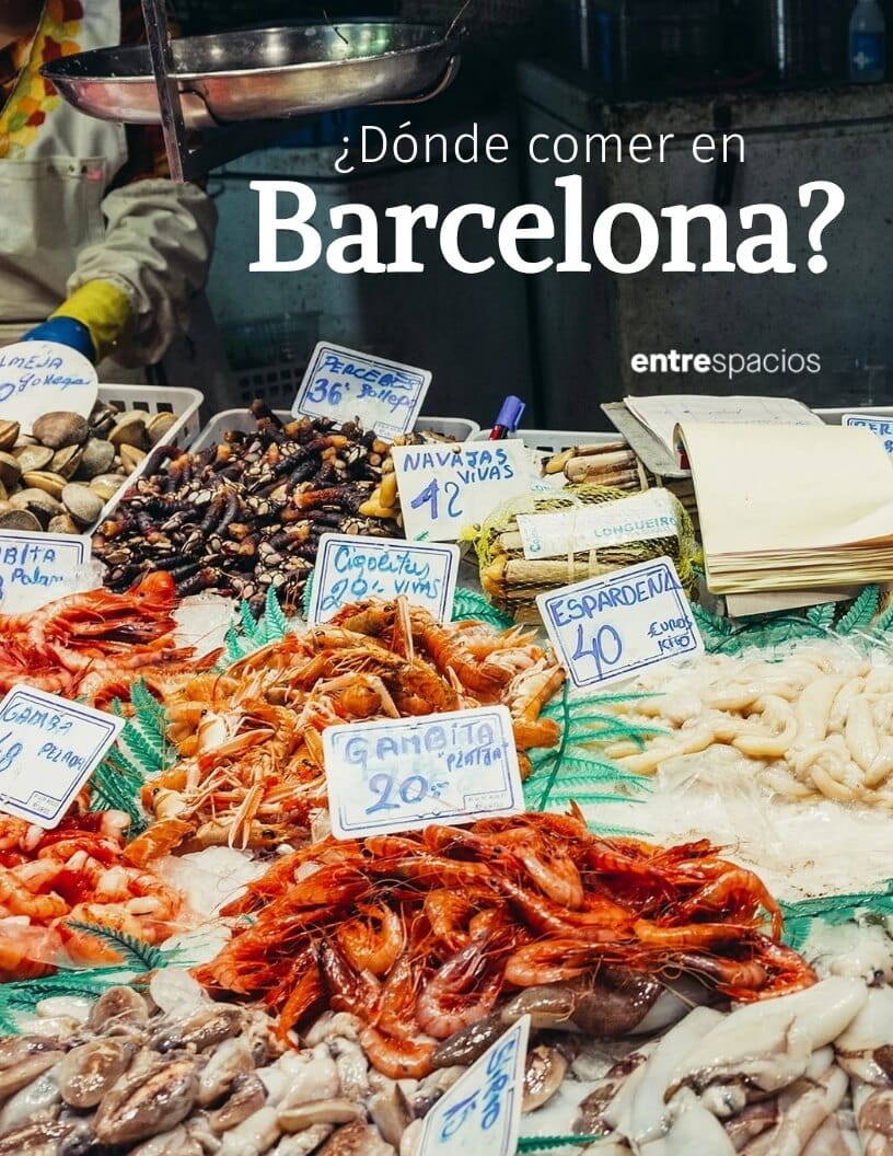 Parada de marisco fresco en un mercado de Barcelona, guía sobre dónde comer en Barcelona y descubrir la gastronomía catalana.