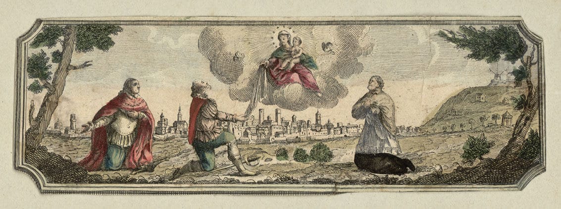 epresentación de la aparición de la Mare de Déu de la Mercè a Pere Nolasc, Raimon de Penyafort y el rey Jaume I en 1218, con Barcelona y Montjuïc al fondo.