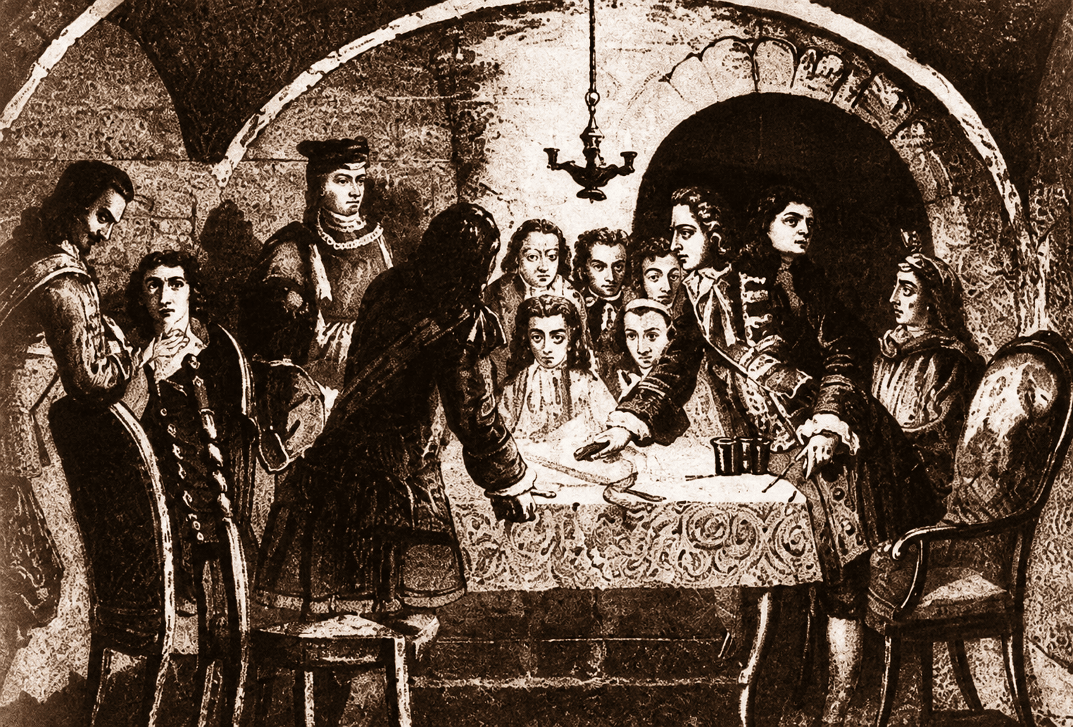 Junta de guerra del 1 de septiembre de 1714 con Antoni de Villarroel y Rafael de Casanova durante el sitio de Barcelona.