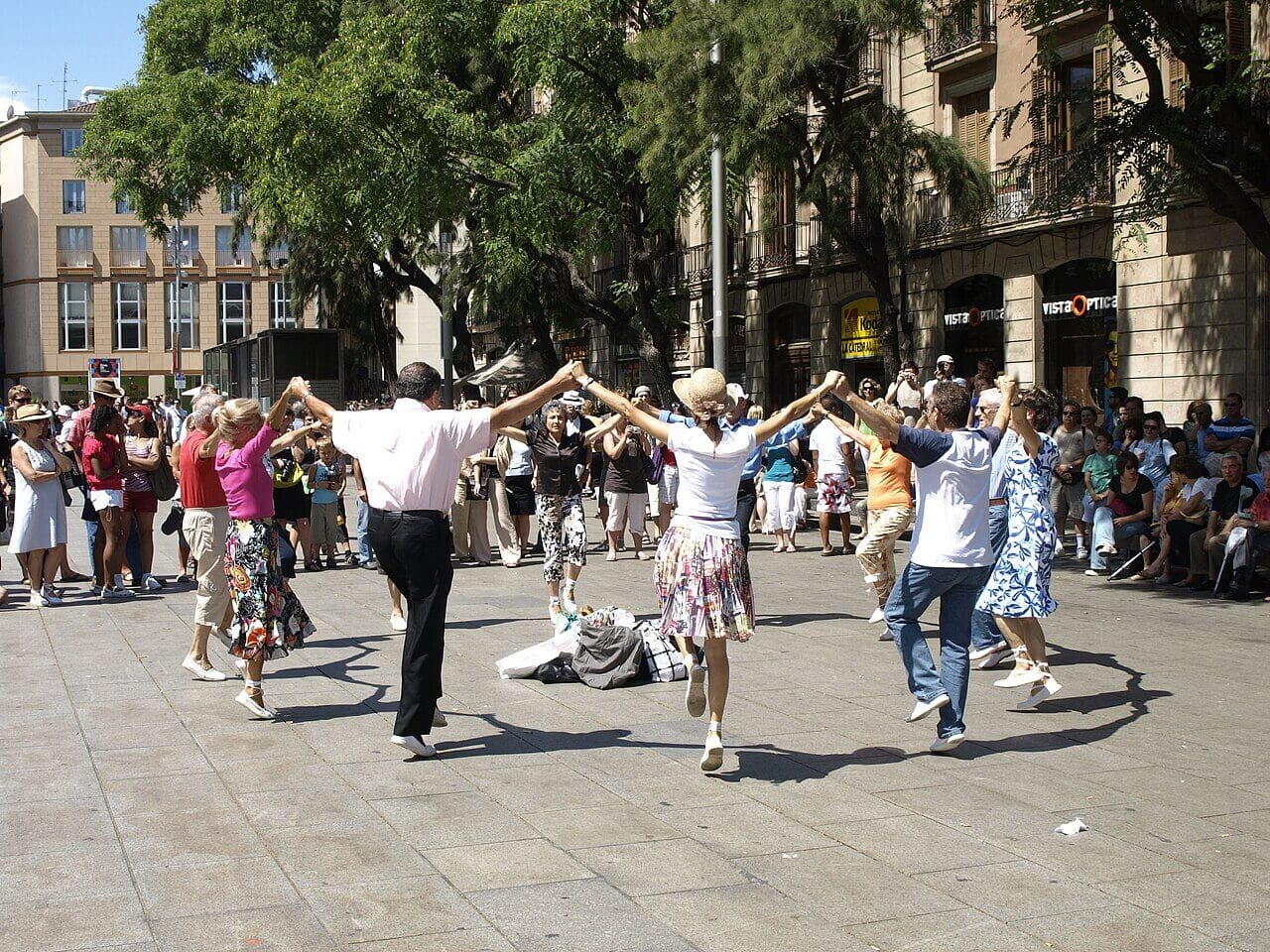 Grupo de personas bailando una sardana frente a la Catedral de Barcelona, en la avenida de la Catedral, en julio de 2009.