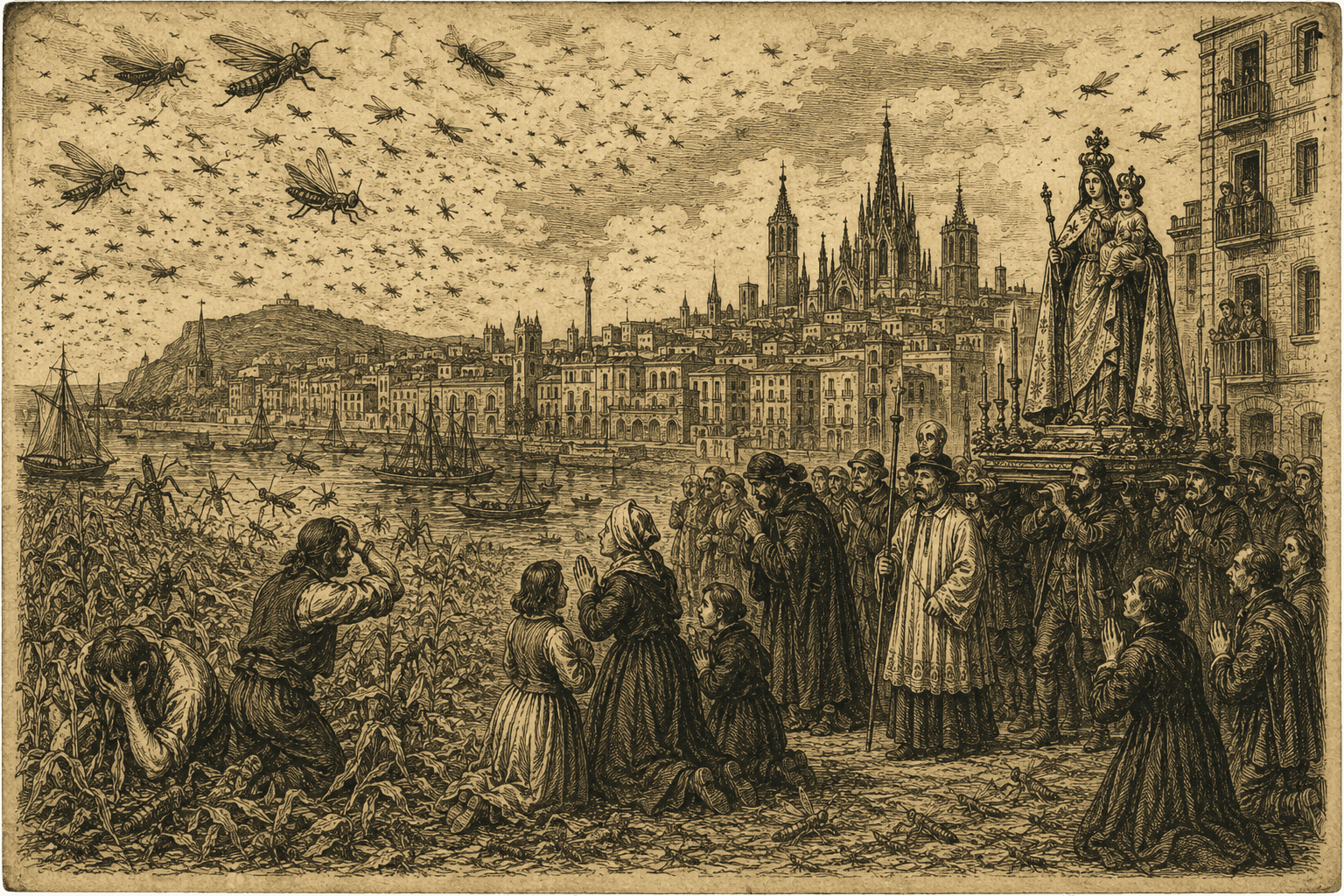 Ilustración histórica en estilo grabado antiguo que representa la plaga de langostas de 1687 en Barcelona, con cultivos devastados, una multitud rezando y una procesión de la Virgen de la Mercè, mientras la ciudad y su puerto aparecen al fondo.