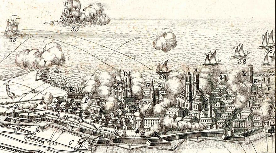 Grabado de Barcelona durante el sitio de 1713-1714, con la ciudad amurallada y el puerto representados desde una vista elevada.