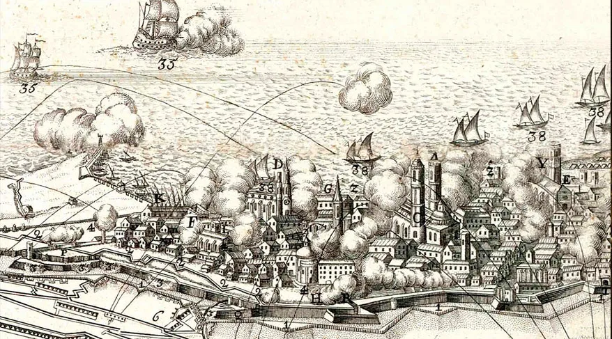 Grabado de Barcelona durante el sitio de 1713-1714, con la ciudad amurallada y el puerto representados desde una vista elevada.