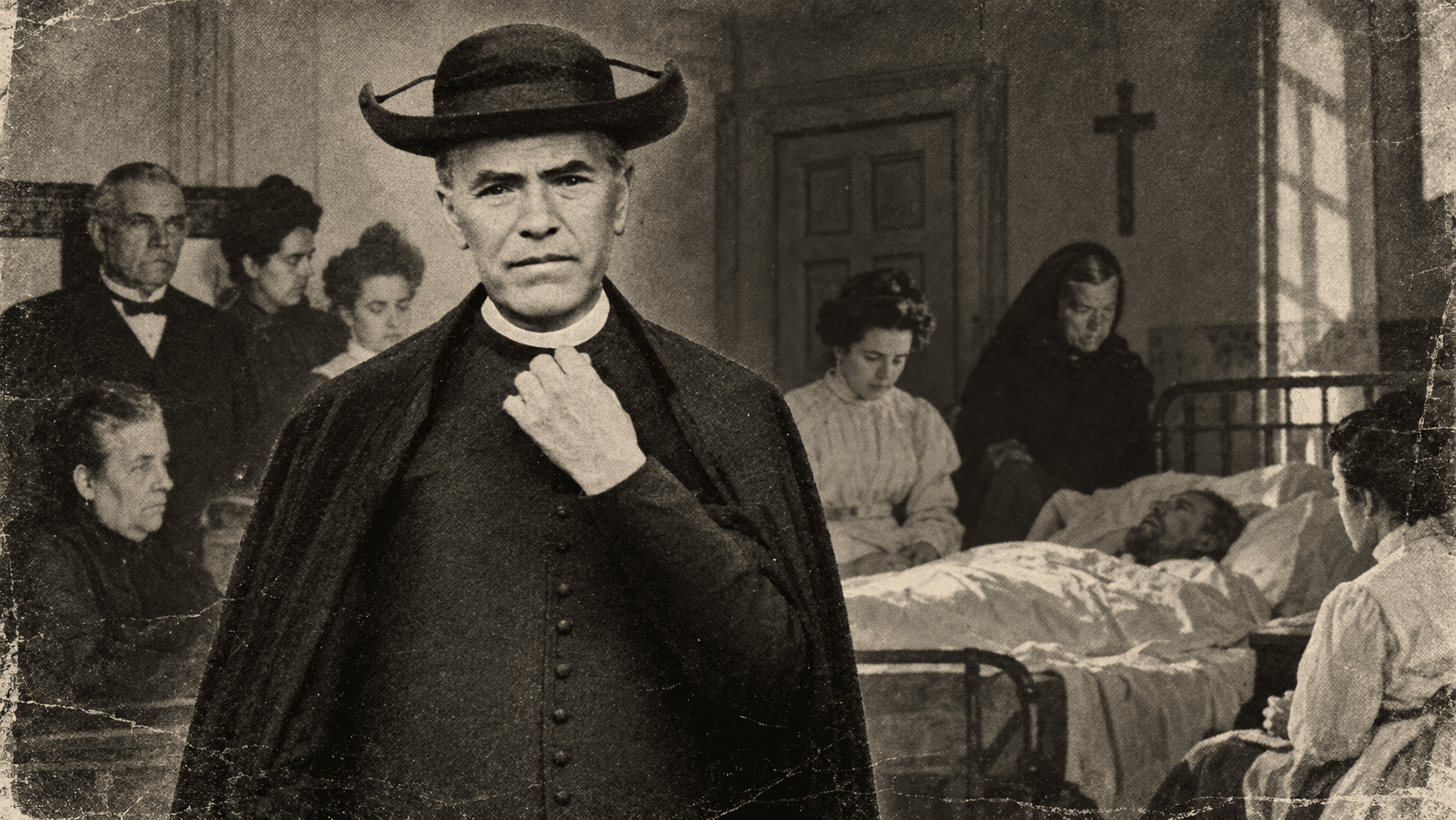 Composición con estética de periódico antiguo sobre Jacint Verdaguer y los exorcismos en la Casa d’Oració de Barcelona.