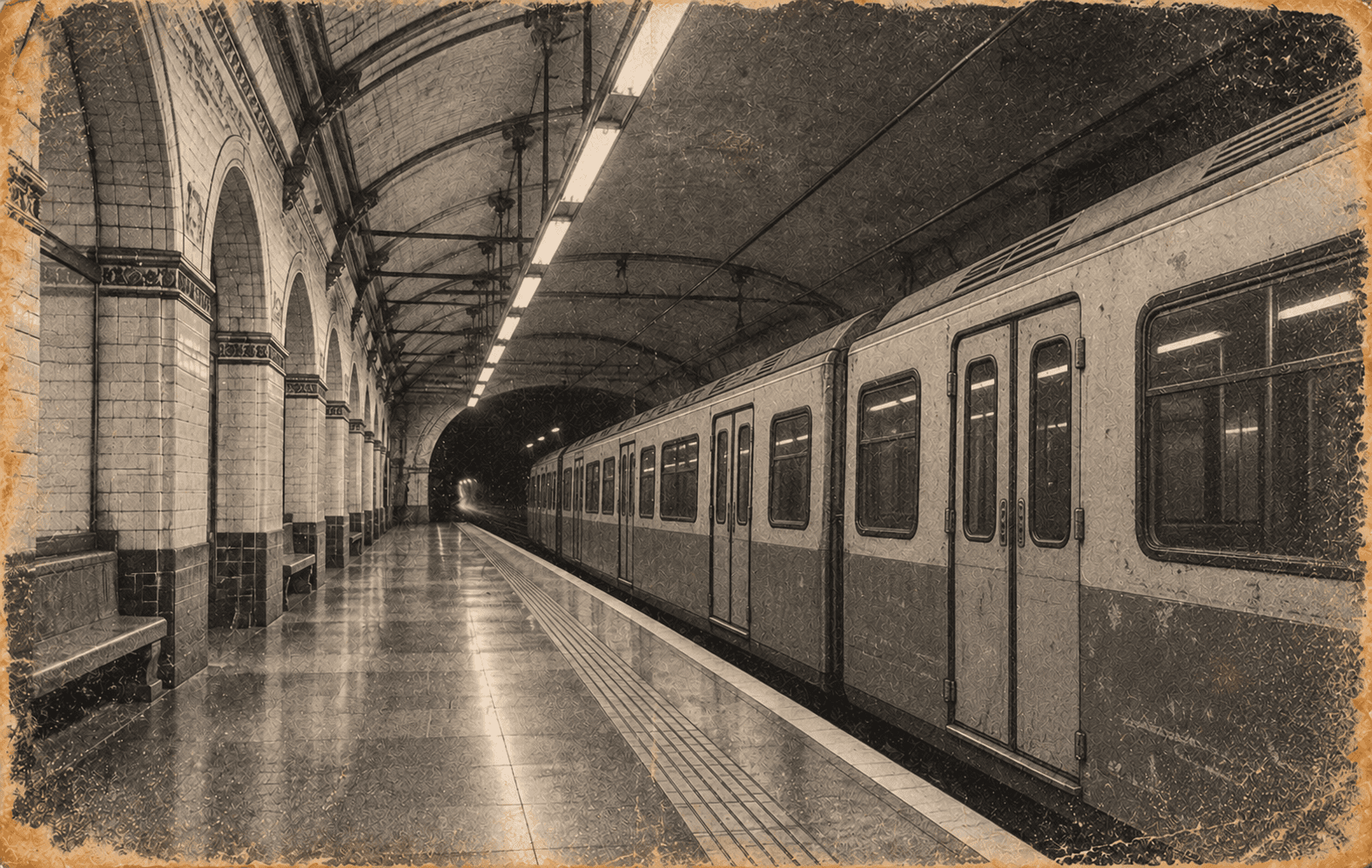 Andén y tren de la estación de Rocafort, con estética de fotografía antigua, para ilustrar las leyendas de fantasmas del metro de Barcelona.