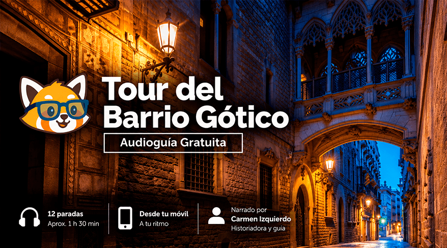 Cartel del Tour virtual gratis por el Barrio Gótico de Barcelona con audioguía.